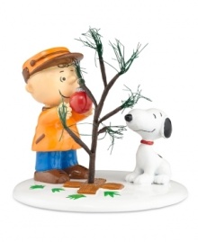 Celebrate Christmas the Charlie Brown way with The Perfect Tree figurine from the Department 56 Peanuts Village. With Snoopy at his side, he puts the finishing touches on its famously bare branches.