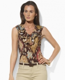 Rendered in light-as-air tissue cotton, Lauren by Ralph Lauren's sleeveless top exudes rustic beauty with an earthy medallion pattern and chic ruffles at the neckline