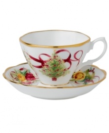 Royal Albert offers a festive twist on a favorite pattern, mixing Christmas trees, holly and bows with pink and gold blooms on the Old Country Roses Holiday teacup and saucer. Gold-banded porcelain coordinates flawlessly with the original dinnerware collection.