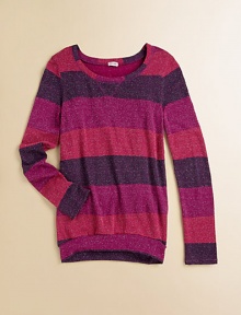 Glittery sparkles top this long-sleeve design with wide horizontal stripes in rich berry hues. ScoopneckLong sleevesBanded hemPullover styleBody: rayon/lurexTrim: modal/cottonMachine washImported