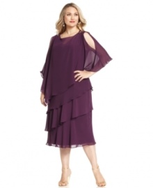 A sheer cape with beading and cutouts at the shoulders adds a sophisticated finish to SL Fashions' plus size tiered dress.