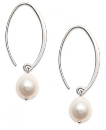 Elevate your style with smooth swoops. These unique hoop earrings highlight cultured freshwater pearls at the ends (8-10 mm). Set in sterling silver. Approximate drop: 1-1/2 inches.