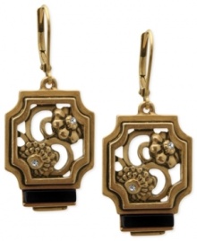 Style takes shape in this pair of earrings from T Tahari, part of the Deco Lace Collection. Crafted from gold-tone mixed metal, the earrings dazzle with glass crystal accents and a black stone adds a touch of elegance. Approximate drop: 1-5/8 inches.