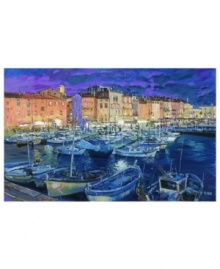 Redesign your home around San Tropez. A little piece of heaven from the French Riviera, this large art print by Jerry Blank is rich with the deep Mediterranean blues and bright lights of the marina after dark. A captivating centerpiece for any room!