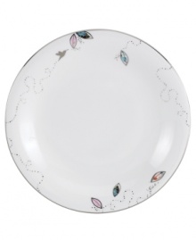 Hummingbirds twirl and buzz from flowery pink leaves to blue on the dreamy bone china accent plates from Lenox Lifestyle dinnerware. The dishes from the Silver Song collection are crisscrossed with platinum branches and abound with fanciful springtime delight and irresistible modern charm. Qualifies for Rebate