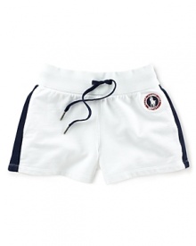 This preppy short from the Official Outfitter of the 2012 United States Olympic Team features a signature Ralph Lauren pony emblem and side-stream stripes.