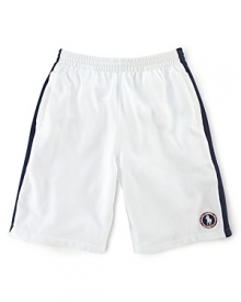 A preppy short rendered from soft cotton mesh is accented with side-seam stripes and a signature Ralph Lauren pony emblem, celebrating Team USA's participation in the 2012 Olympics.