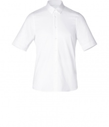 Minimalist and modern, Jil Sanders short sleeve button-down is a characteristic chic take on this essential spring style - Classic collar, short sleeves, button-down front, back shirttail hemline - Slim fit - Wear tucked into tailored trousers with sleek leather lace-ups