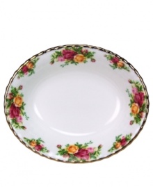 This popular bone china pattern surrounds blooming sprays of colorful English roses with hand-applied bands of 22K gold. Safe for use in the dishwasher, oven and freezer. Manufacturer's two-year warranty.