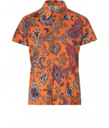 Work an iconic paisley into your poolside look with Etros bright orange-multi printed polo - Classic collar, short sleeves, partial button placket, side slits - Slim fit - Wear over swim trunks with bright leather flip-flops