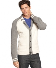 Accent your preppy style with the collegiate cool of this shawl-collar cardigan from INC International Concepts.