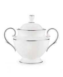 Beautiful and bridal-inspired, this white sugar bowl is richly textured with a delicate floral motif and raised, beaded accents. Finished with a band of polished platinum. Qualifies for Rebate