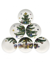 Nothing says cheer like Happy Holidays dinnerware. Nikko sets a very merry scene with sturdy white tapas plates that, when properly arranged, display a festively decked tree with colorful stars.