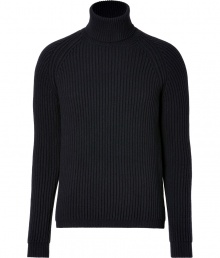 Stylish knitted sweater in a navy wool-silk blend - Modern with a classic ribbed look, slim cut, long sleeves and turtle neck - Perfect basic piece for everyday - Wear solo or as a layering piece - Try with jeans, chinos or suit pants