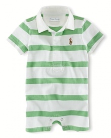 Soft cotton jersey coverall with a sporty rugby collar and bright stripe for an adorably preppy look.