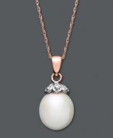 Polished perfection. This classic pendant features a cultured freshwater pearl (9-10 mm) capped with sparkling diamond accents. Setting and chain crafted in 14k rose gold. Approximate length: 18 inches. Approximate drop: 3/4 inch.