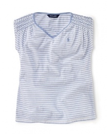 A stylish striped V-neck tee is crafted from soft cotton jersey and finished with smocked shoulders for a pretty look.