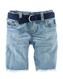 Stylish Bermuda short in durable, washed denim, designed with distressed detailing and a frayed hem.