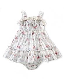 A pretty floral rosebud-print dress in soft cotton batiste features a fitted, gathered bodice and a full skirt with a ruffled hem for timeless style.