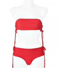 Take your swim look to the next level with this ultra-sexy bandeau bikini from La Perla by Jean Paul Gaultier - Ruched bandeau top with side cut outs and ties, back dual strap closure with clasp - Ruched bottoms with side cut out and ties - Style with a sheer caftan, wedge sandals, and a sunhat