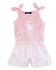 A stylish romper in soft stretch cotton jersey is accented with a watercolor polo pony and an ombré hue for a pretty warm-weather look.