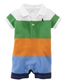 An ultra-colorful wide stripe updates the classic polo shortall in breathable cotton mesh.