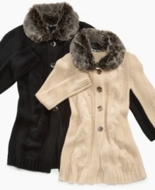 She'll love the fantastically soft feel of these cable-knit cardigans from Planet Gold, with a faux-fur collar for style.