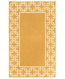 A traditional graphic set in a creamy, muted orange background makes this Promenade area rug the perfect update indoors or out. UV stabilized to minimize fading, the fashion-forward, durable, easy-to-clean rug is sure to put a little pop of color wherever placed.