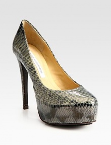 Wildly chic, snake-print leather pump has a towering heel and hidden platform. Self-covered heel, 5 (125mm)Hidden platform, 1 (25mm)Compares to a 4 heel (100mm)Snake-print leather upperLeather liningLeather and rubber solePadded insoleImported