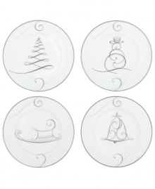 A festive play on the Platinum Wave dinnerware pattern, these Noritake appetizer plates feature four whimsical holiday motifs on white porcelain.