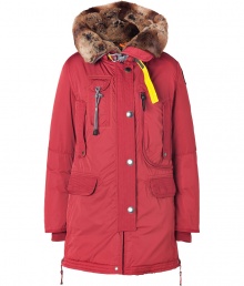 Whether youre hitting the city or the slopes this season, Parajumperss red down parka is a sporty-luxe cold-weather essential - Full zip and supplementary button placket, elbow patches and decorative contrast yellow trim, faux fur trim and hood lining, two vertical flap pockets at chest, two oversize flap pockets at hips and single skinny pocket with drawstring - Slim cut style hits mid-thigh - Fashionable and functional, a stylish must for all casual winter looks