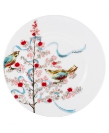 Make holiday meals sing with this seasonal salad plate, a festive addition to the Chirp dinnerware and dishes collection. Watercolor-inspired birds perch cheerfully on branches in bloom with ornaments and trimmed in the shape of a Christmas tree. A turquoise ribbon reads, Happy Holidays.