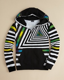 Outfitted with wild stripes in neon, this cool hoodie zips ALL the up, creating a fun face mask with see-through sunglass print for a totally covert cool.