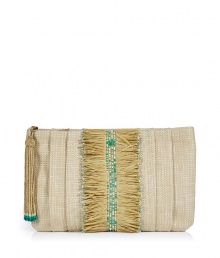 Elevate your cocktail-ready look with this ethnic-inspired clutch from cult favorite accessory designer Anya Hindmarch - Pleated straw with front raw raffia with bead detailing and logo, top zip closure with beaded tassel - Perfect for cocktails or a night out on the town