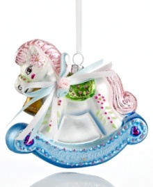 Adorned with shimmering pink, blue and green accents, the Baby's First Rocking Horse ornament commemorates an important family moment with Kurt Adler charm.