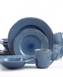 A laid-back hue commingles with a traditional embossed design, infusing this Thomson Pottery dinnerware with a casual elegance. Dishwasher and microwave safe.