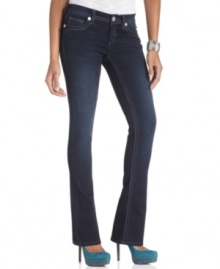 These slim bootcut jeans from Seven7's petite collection are hot, hot, hot! Sequined back pockets and contrast topstitching give it extra oomph!