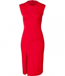 A bold hue covers this figure-enhancing sheath from Hakaan - Round neck, sleeveless, front slit with seaming detail, fitted silhouette, concealed back zip closure - Wear with statement heels and an embellished clutch