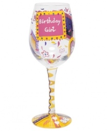 Present this funky wine glass to the birthday girl to kick off a special celebration. In addition to a girly, hand-painted design, this glass features a tasty cocktail recipe printed on its bottom.