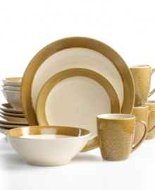 Create a warm and inviting table with sun-kissed Malibu Gold dinnerware. Hardy stoneware in basic shapes with a unique splattered glaze hosts casual fare with one-of-a-kind style.