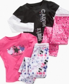 For bed-time and beyond, she can stay cute from in this twofer and pajama pants set from Calvin Klein.