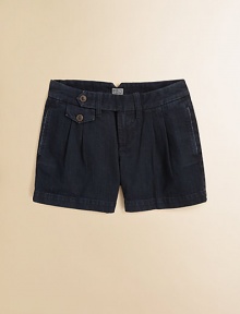 Stylish shorts in sleek, versatile denim is designed with trouser details.Front button closureWaistband with belt loopsZip flyButton-flap welt pocketOn-seam welt pocketsSingle-button welt pocketFront pleatsCottonMachine washImported