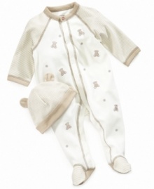 He'll be sweet as honey in this darling bear-print footed coverall and beanie from Little Me.