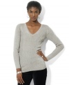 Lauren Ralph Lauren's sleek V-neck petite sweater with a delicate alternating diagonal ribbed pattern is a sophisticated staple for your cooler-weather wardrobe.