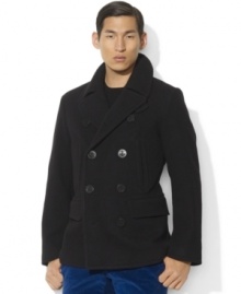 Vertical zip pockets grant a classic pea coat modern appeal in a warm wool-blend construction.