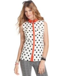 Ace graphic style in a top from American Rag that sports contrast-color accents and a print of floating hearts.