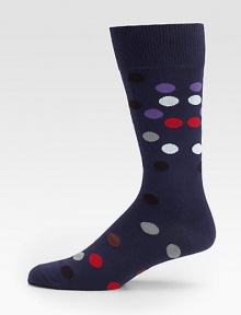 A bold, multicolored polka-dot pattern adorns this modern dress sock crafted in a rich Italian cotton blend.Mid-calf height80% cotton/20% nylonMachine washImported of Italian fabric