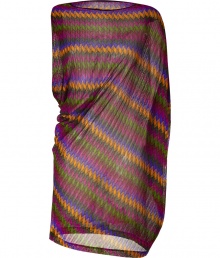 Color-saturated hues and a quintessentially Missoni chevron knit make this purple minidress an eye-catching evening must - Lightweight and semi-sheer multicolor viscose - Slim cut silhouette with elegant, asymmetric drape detail - Wide, round neckline and oversize, batwing sleeve and armhole - Perfect for parties, vacations and evenings out - Pair with a clutch and platform pumps or sandals