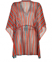 Make a glamorous poolside debut it Missonis radiant striped kaftan - V-neckline in front and back, draped 3/4 length sleeves, drawstring waistline, aquamarine stitched trim - Softly fitted with an adjustable drawstring waistline - Pair with a bikini, studded sandals and an oversized statement tote