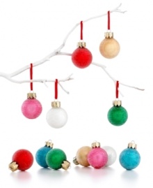 Small but mighty festive, these Martha Stewart Collection mini ornaments mix classic Christmas red and green with cheery candy colors. With a sugary white sparkle for extra fun. (Clearance)